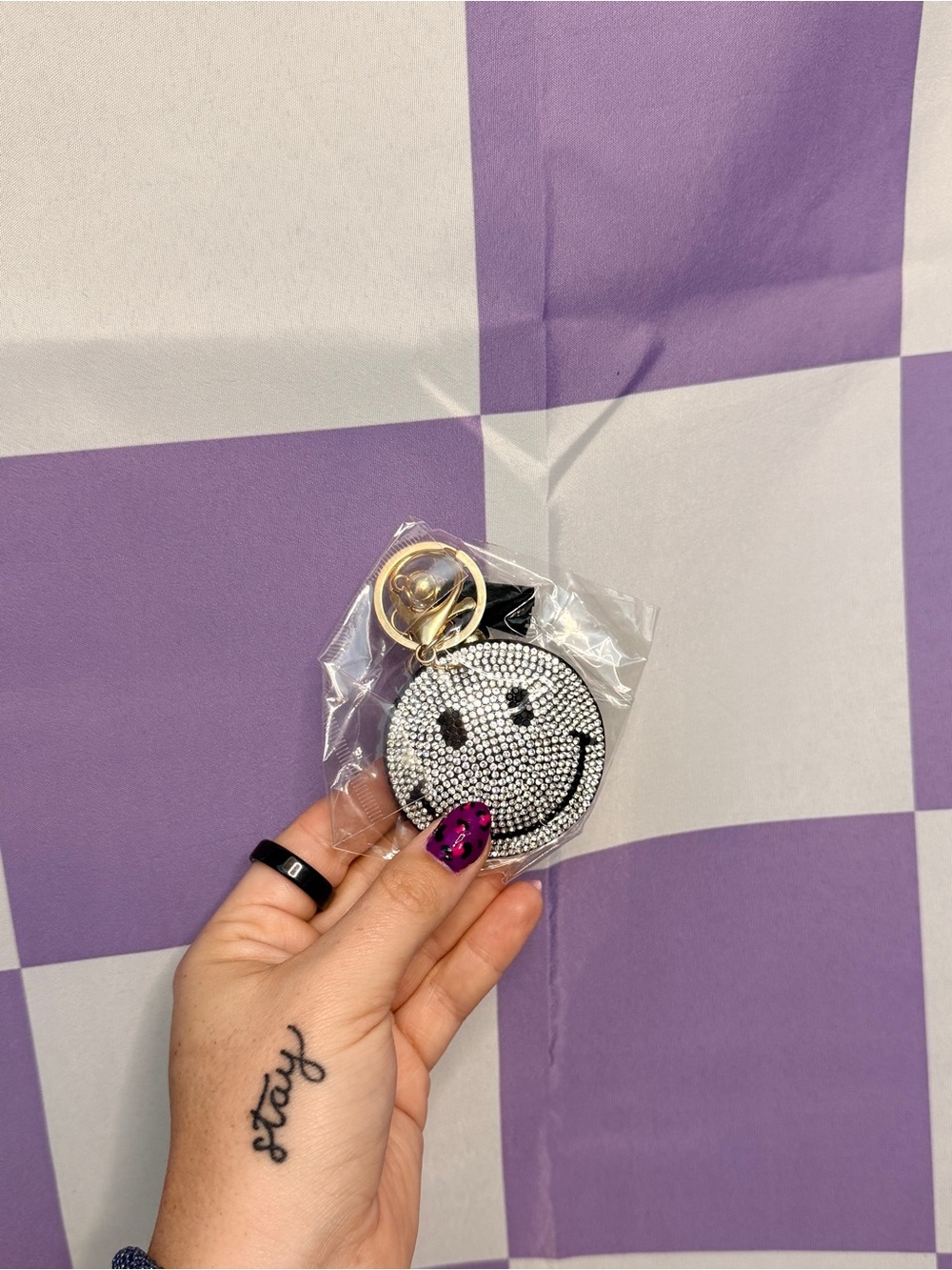 Crystal Smiley Face Keychain Charm - Silver